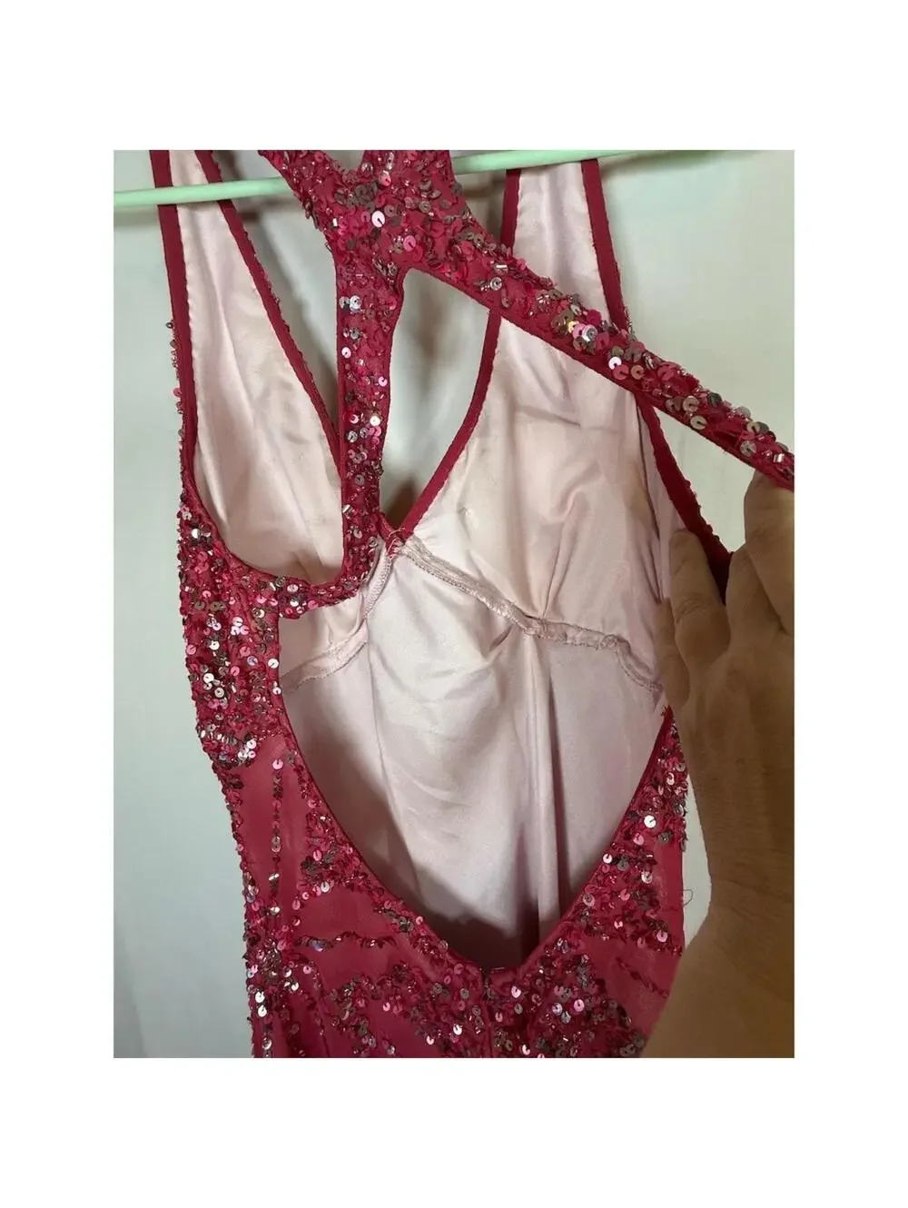 Adrianna Papell Gown Womens Size 8 Pink Sequin Halter Maxi Deep V Back Cutout - Picture 11 of 16